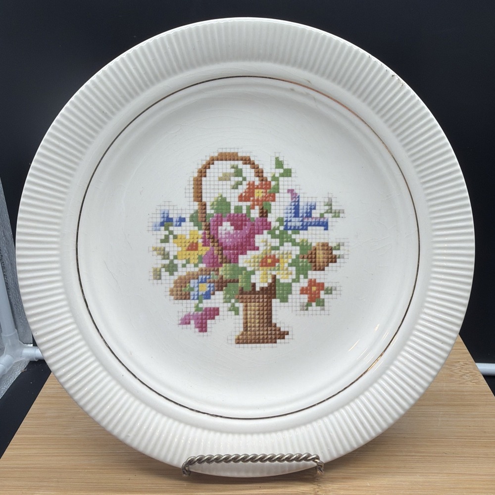 VTG Set of 2 Salem China Co 9.5" Dishes Petite Point Basket Cross Stitch USA